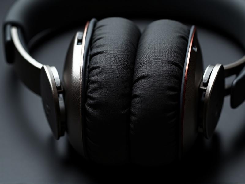Close-up of a high-end headset with rotating ear cups, a breathable mesh headband, and a flexible microphone boom. Soft studio lighting accentuates silver hinges and matte finishes.