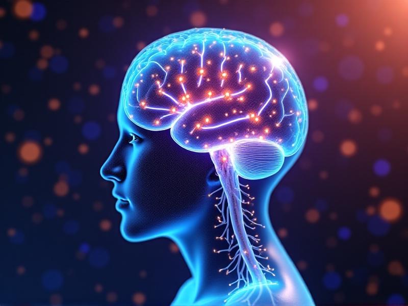 A conceptual 3D render of neural pathways connecting the brain to glowing glute muscles, with vibrant electric blue synapses firing across a biological network. The abstract background features gradient purples and oranges, symbolizing the reawakening of neuromuscular communication.