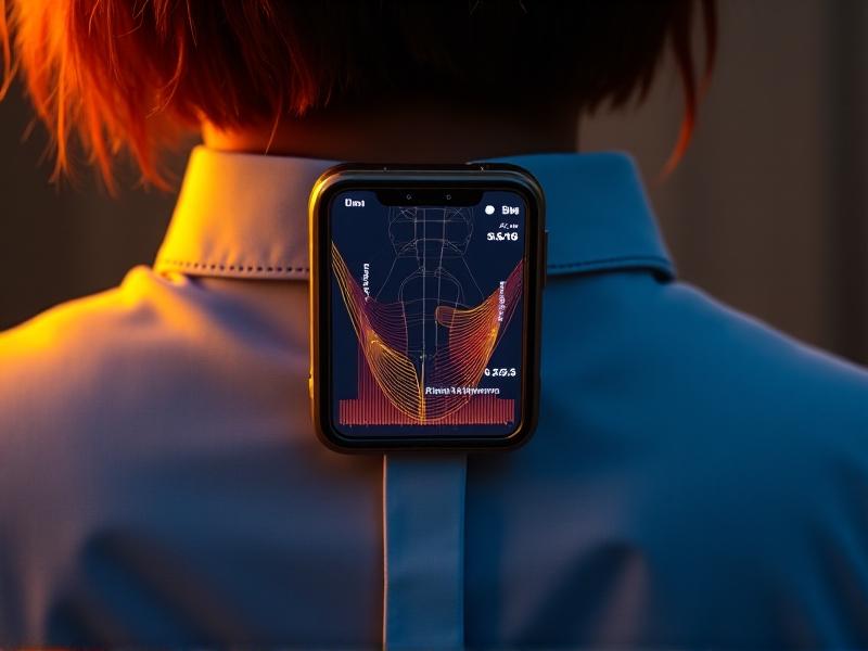 A split-screen image contrasting a wearable posture device clipped to a person's shirt collar and a smartphone app displaying real-time spine alignment metrics. The left side features warm lighting on a minimalist device, while the right shows a vibrant app interface with graphs. The style blends modern tech aesthetics with practical usability.