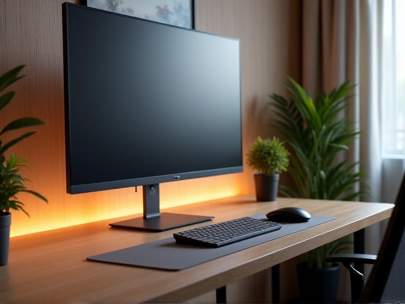 A minimalist desk setup with an ergonomic mouse positioned close to a keyboard, neutral wrist alignment, and a monitor at eye level. Warm lighting, wooden desk surface, and a plant in the background evoke a calm, productive workspace.