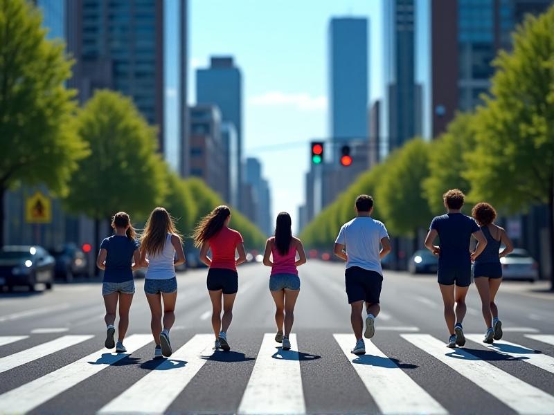 A vibrant crosswalk with bold white stripes on black asphalt, pedestrians mid-stride as traffic lights glow green. The background features blurred city traffic and glass skyscrapers under a clear blue sky, emphasizing structured urban navigation.