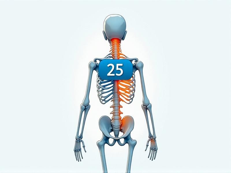 A digital illustration of a human skeleton with highlighted muscle groups, overlaid with a timer showing 25:00. Soft blue and orange gradients create a scientific yet approachable aesthetic. Arrows point to the neck, shoulders, and lower back, emphasizing areas impacted by poor posture.