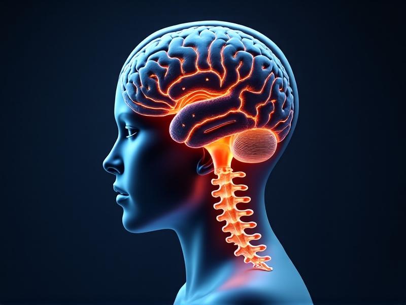 A digital illustration of a human brain with neural pathways glowing orange, connected to a spine model and a hand touching a spiky massage ball, representing the connection between tactile stimuli and postural awareness in neuroscience.