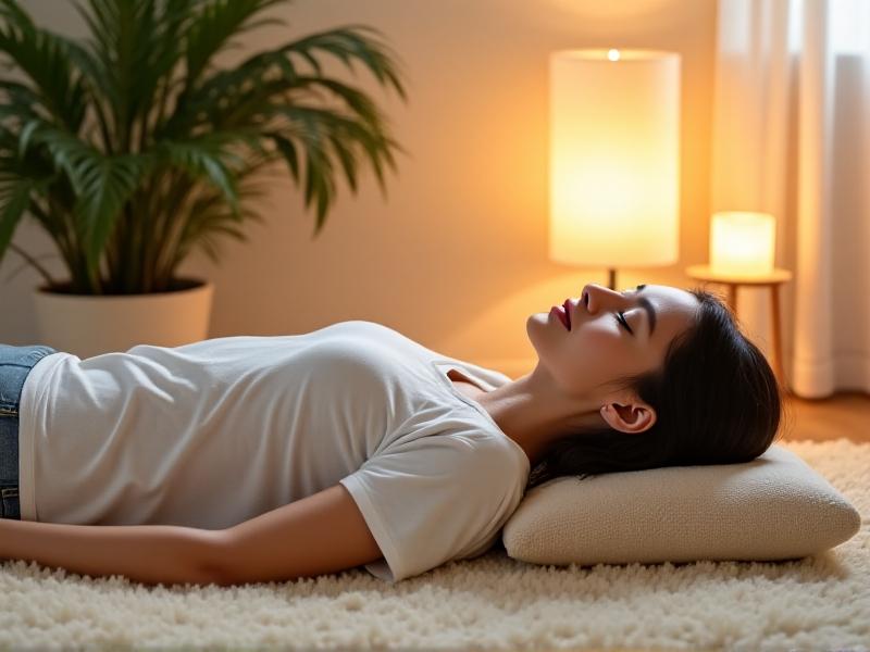 A person lying prone on a cream-colored rug with a terracotta heating pad across their lower back. Soft golden light from a nearby lamp creates a calming atmosphere, while faint steam rises from the pad. Neutral-toned room with a potted plant in the background.