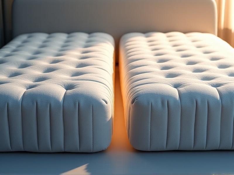 A split mattress showing two sides: one with a plush, sinking surface and another with a firm, supportive base. Soft shadows and neutral bedding highlight the contrast in support levels for different body types.