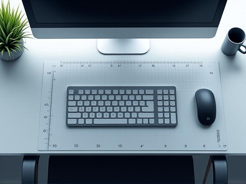 Top-down view of a desk with measurements indicating ideal mouse distance from the keyboard (10-15 cm) and alignment with the user’s shoulder. Graph paper texture, ruler overlays, and muted tones create a technical yet approachable visual.
