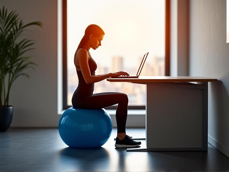 A person in activewear sitting on a blue stability ball at a modern workstation, feet flat on the floor, spine aligned, typing on a laptop with natural light from a window. The image conveys core engagement and balanced posture through active seating.
