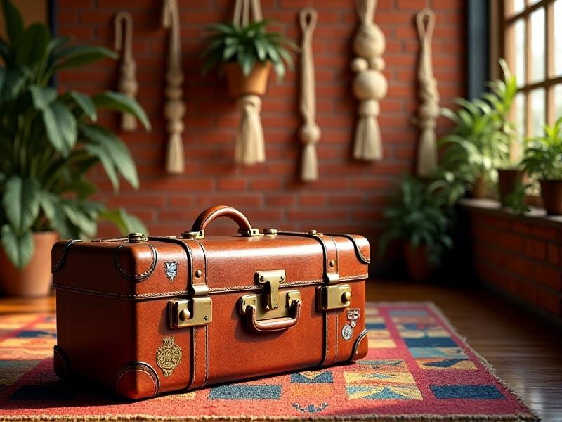 A weathered leather suitcase with travel stickers serves as a footrest in a bohemian-inspired workspace. Warm golden-hour lighting accentuates the suitcase’s brass latches and scuffed corners, paired with a vibrant Turkish kilim rug and macramé plant hangers.