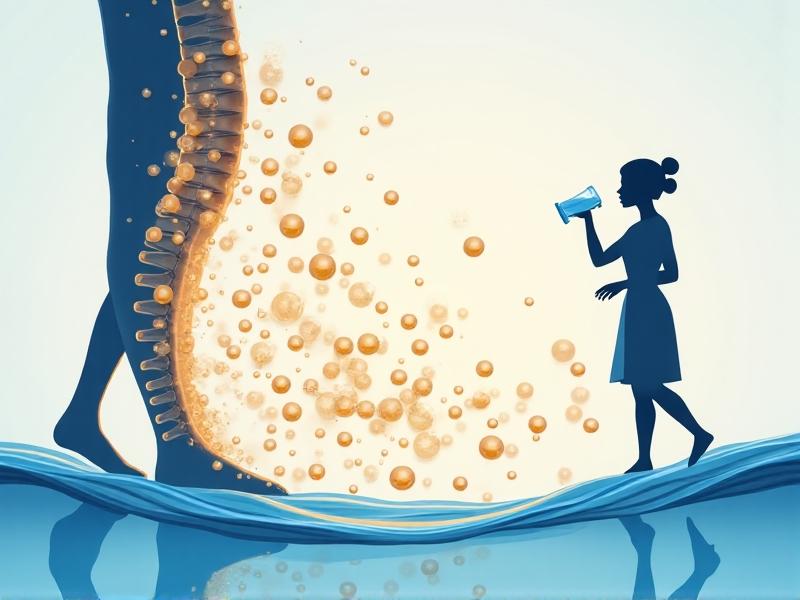 An infographic-style image showing water molecules moving into a spinal disc during walking. The disc glows amber when hydrated and fades to gray when dehydrated. Arrows indicate fluid exchange, with a person sipping water in the background. Bright, clean design with contrasting colors for educational clarity.