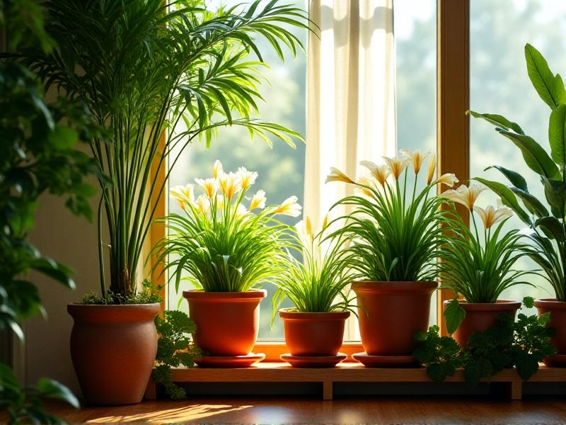 A vibrant indoor garden corner with varied foliage: tall areca palms, cascading pothos, and flowering peace lilies in terracotta pots. Sunlight filters through sheer curtains, casting dappled shadows on a wooden shelf. The scene radiates tranquility and organic freshness.