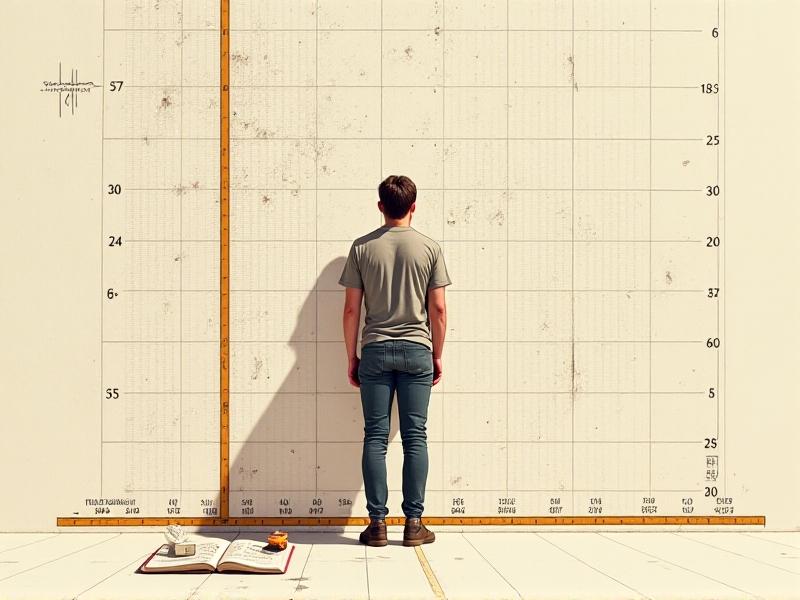 A detailed illustration of a person standing against a measurement chart, with arrows pointing to elbow height, seated hip height, and eye level. The background features a grid pattern, emphasizing precision, with a tape measure and notebook showing numerical calculations.