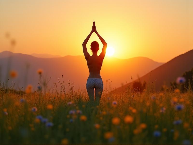 A person in a flowing yoga pose, arms raised toward golden-hour sunlight in a meadow. Their elongated spine and engaged core demonstrate mindful movement, with wisps of hair catching the warm glow. The atmosphere feels energizing and harmonious.