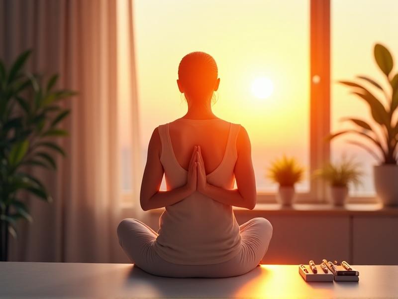 A person performing the prayer stretch at a sunlit desk, hands pressed together precisely at heart level. The warm glow highlights relaxed shoulders and a tidy workspace, symbolizing a mindful pause in a busy day.