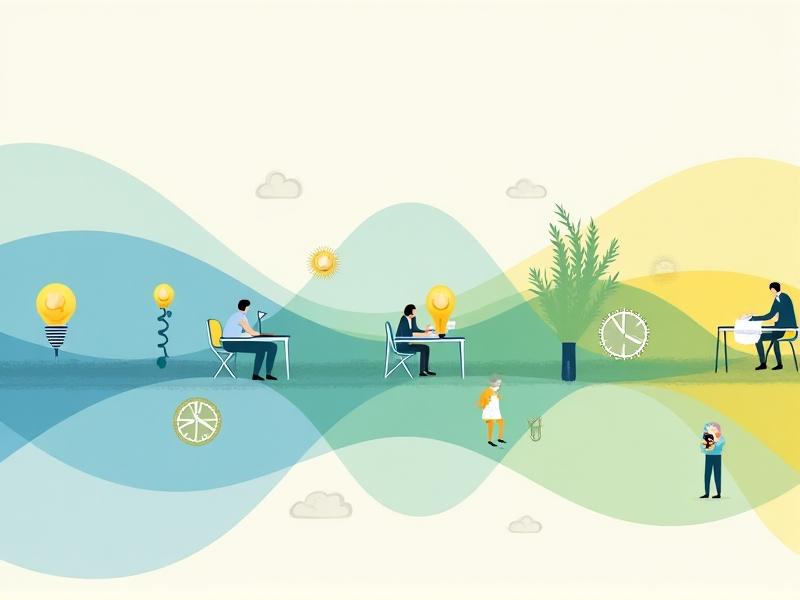 A visual timeline of a workday segmented into color-coded blocks: blue for seated tasks, green for standing, and yellow for movement. Icons represent activities like typing, brainstorming, and walking. The timeline curves like a wave, symbolizing energy fluctuations, with peaks and troughs labeled with clock icons. The art style is playful, using pastel colors and rounded shapes.