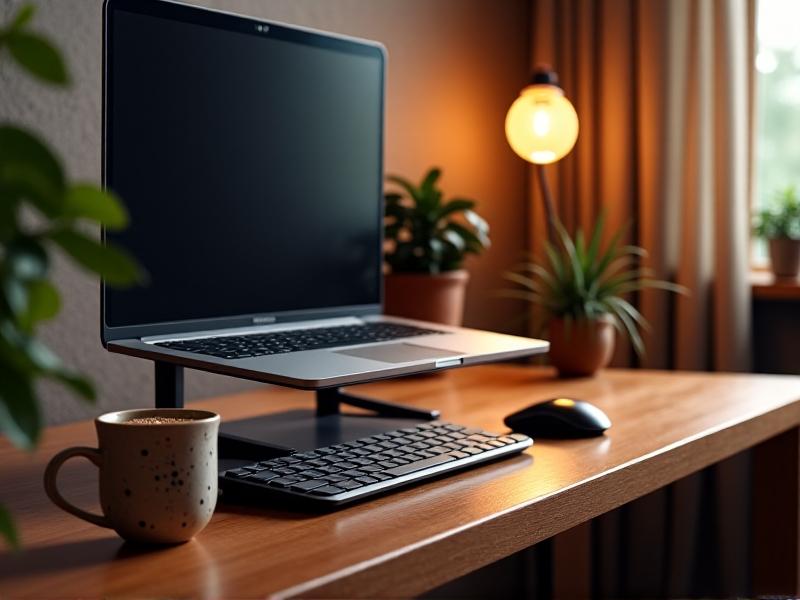 A wooden desk with a laptop connected to a wireless mechanical keyboard and ergonomic mouse, the screen elevated on a stand, warm lighting, and a coffee mug nearby, evoking a cozy, productive home office.