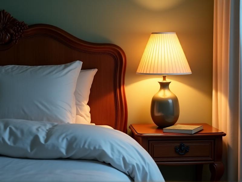 A serene bedroom with soft linen sheets, dimmable bedside lamp, a book on a nightstand, and lavender essential oil diffuser, warm ambient lighting, promoting deep sleep recovery.