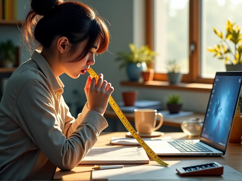 A person using a tape measure to determine the distance from their eye level to the desk. The scene includes a cluttered workspace with notebooks, a coffee mug, and a laptop, lit by soft daylight from a nearby window.