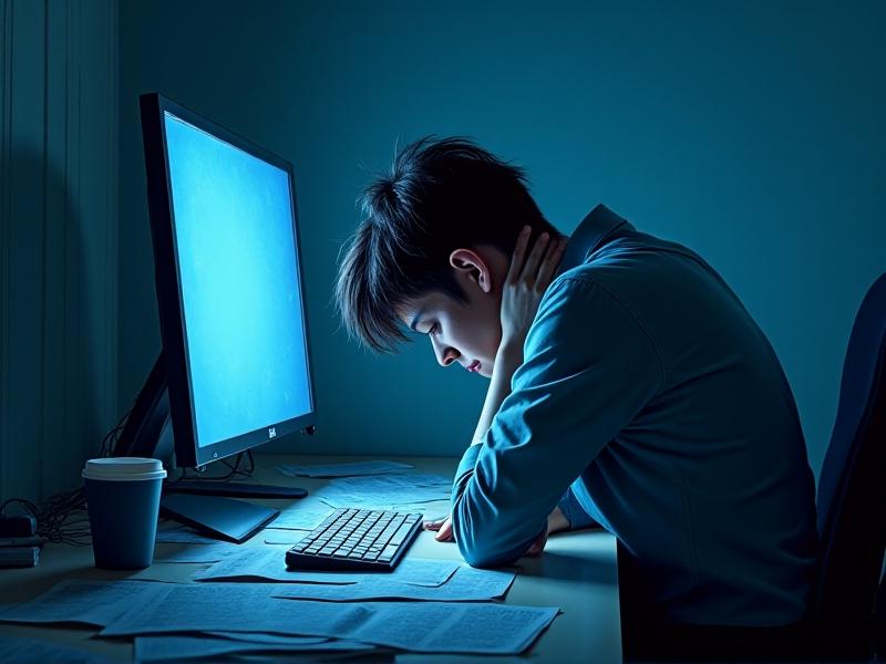 A person in a dimly lit office slouched over a desk with rounded shoulders and forward head posture. The scene uses cool blue tones to convey fatigue, with a computer screen glare highlighting tension in the neck and collapsed chest. Papers and a coffee cup clutter the desk, symbolizing prolonged sedentary stress.