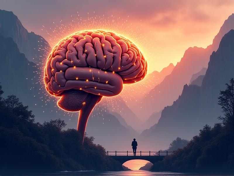 A detailed illustration of a human brain with glowing neural connections, superimposed over a silhouette of a person walking in a mountainous landscape. Warm orange and yellow hues symbolize increased cognitive activity, with abstract lines representing energy and creativity.