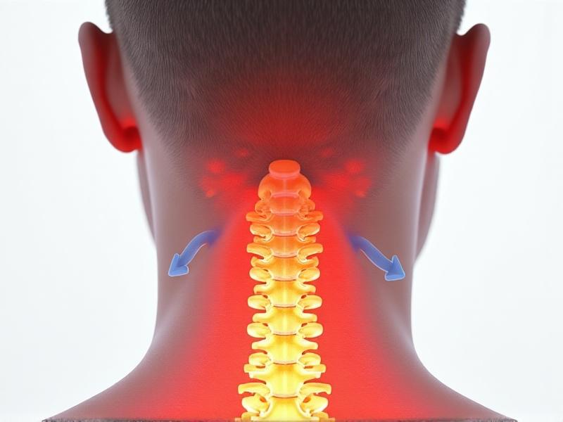 A detailed cross-section infographic of a person’s neck and shoulders, highlighting inflamed red muscle fibers around the trapezius. Animated blue arrows indicate restricted blood flow, while yellow tension symbols cluster near the cervical spine. The art style combines medical accuracy with minimalist shading.