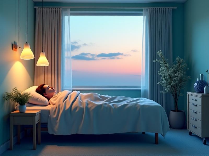 A hospital recovery room with soft, warm lighting cascading over a patient bed. The walls are painted in soothing pastel tones, and a large window offers a view of a twilight sky, blending natural and artificial light to support patient healing and circadian rhythm stabilization.