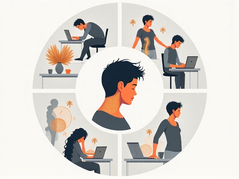 A circular infographic split into four quadrants: 1) A person clutching their head at a desk, 2) Hunched shoulders with stress arrows, 3) A spine bending into a C-curve, 4) A person massaging their neck. Each segment transitions smoothly using swirling gray smoke and amber stress-energy motifs. The style blends medical illustration with symbolic minimalism.