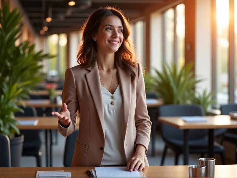 A professional in a bright co-working space gestures while wearing a wireless headset, contrasted with a traditional wired headset coiled neatly on a wooden desk. Sunlight streams through large windows, highlighting mobility differences.