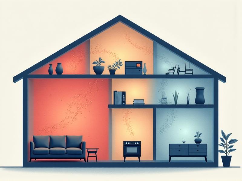 A detailed cross-sectional diagram of a modern home, highlighting hidden sources of air pollution: red zones near a new sofa (VOCs), orange particles above a gas stove (PM2.5), and blue mist near cleaning supplies (chemical fumes). The illustration uses a muted color palette with annotations for clarity.