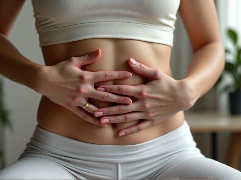 A close-up of a person’s hands resting on their abdomen while performing a seated pelvic tilt, with soft natural lighting highlighting engaged muscles, a neutral-colored office chair in the background, and a focus on mindful movement.
