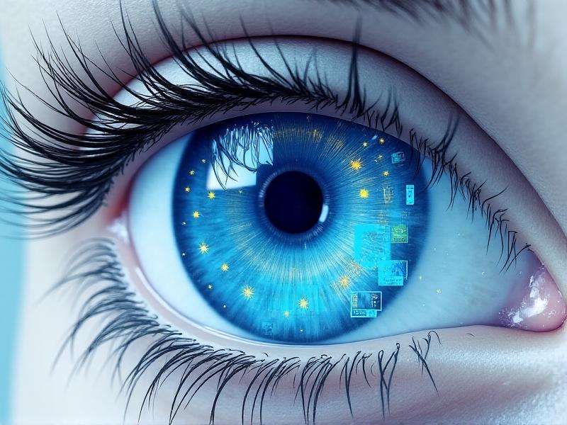 A detailed cross-sectional diagram of a human eye with digital screen reflections on the cornea. The image combines scientific illustration with abstract blue light waves, symbolizing the intersection of biology and technology.