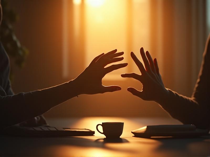 A pair of hands suspended in mid-air, fingers splayed dynamically against a soft-focus office background. Golden morning light accentuates the stretched tendons and relaxed palm muscles, with a blurry coffee cup in the foreground suggesting a pre-work routine.