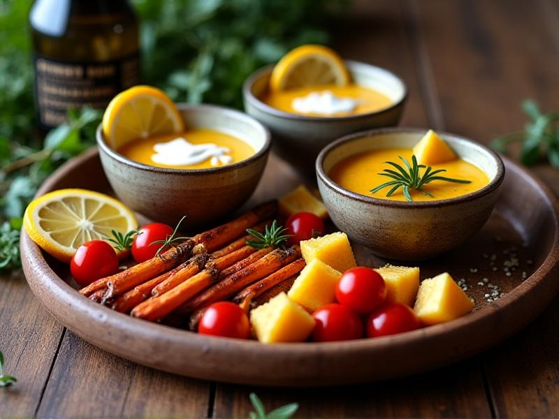 A rustic wooden tabletop arrangement featuring turmeric lattes, ginger slices, extra-virgin olive oil drizzled over roasted vegetables, and a bowl of mixed cherries and pineapple. Warm golden-hour lighting creates a cozy, inviting atmosphere, emphasizing the foods’ natural appeal.
