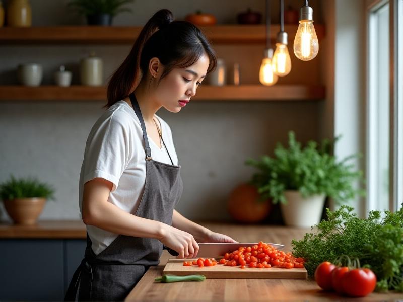 A woman standing at a kitchen counter, chopping vegetables with mindful posture. Her spine is neutral, knees slightly bent, and core engaged under soft pendant lighting. Fresh herbs and vibrant veggies add pops of color, suggesting vitality and intentional movement.