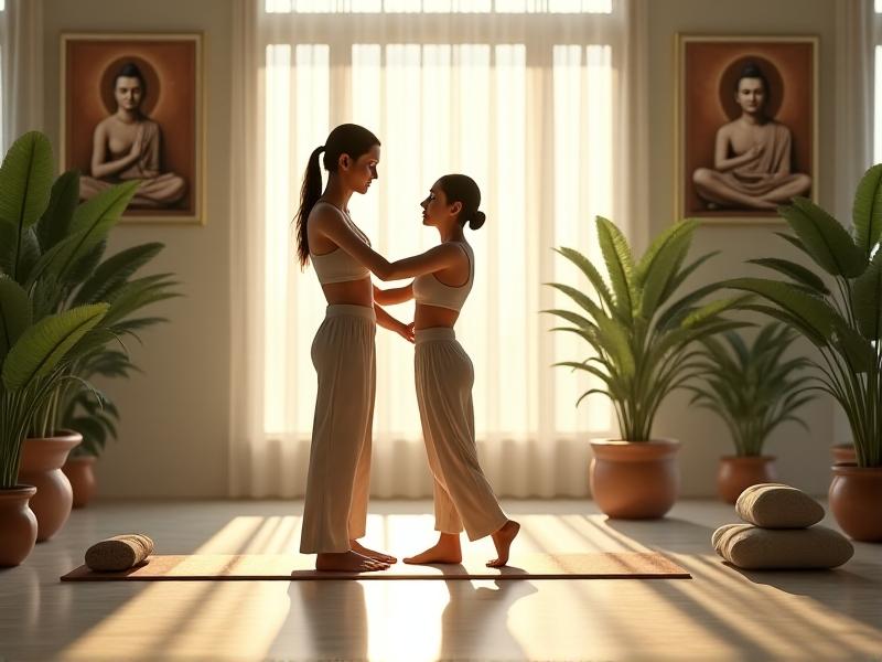 A serene yoga studio with soft daylight filtering through large windows. A instructor in neutral-toned athleisure guides a student through a gentle spinal rotation, hands lightly adjusting their shoulder alignment. The scene captures mindfulness in movement, with props like blocks and bolsters nearby, symbolizing holistic postural education.
