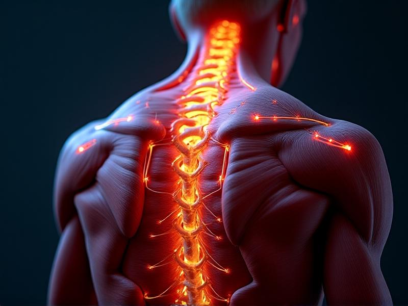 A hyper-realistic close-up of a person’s upper back and neck muscles twisted into knots, rendered in warm tones of red and orange against cooler blue undertones. The texture shows fibrous muscle bands under strain, with faint glowing lines depicting nerve pathways. The lighting is clinical yet dramatic, highlighting the intersection of anatomy and tension.
