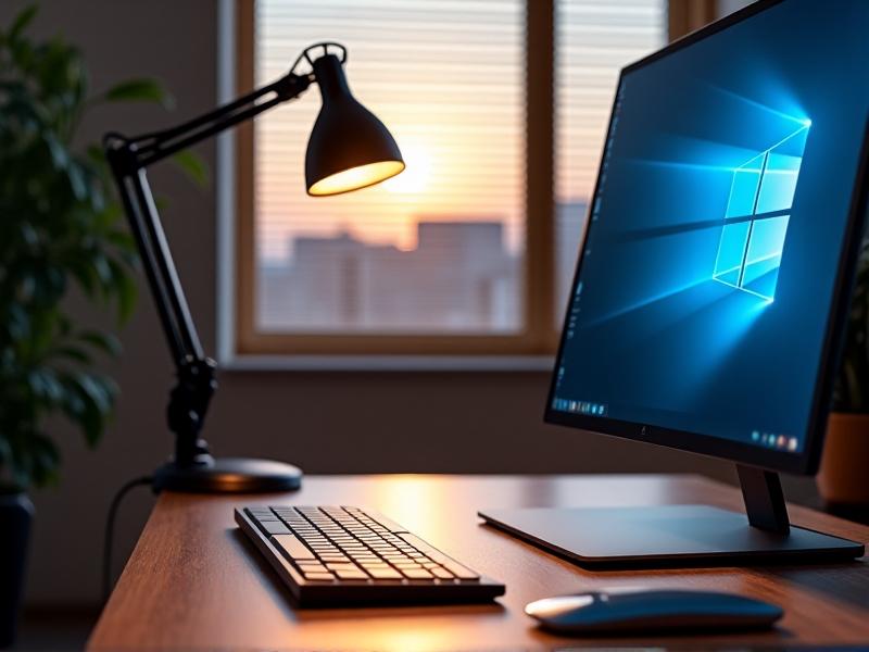 A modern home office desk with a black adjustable LED lamp illuminating a keyboard and notebook. The monitor has a soft blue backlight, and sunlight filters through half-open blinds in the background. The image uses cool and warm tones to contrast artificial and natural light, with sharp focus on the desk area.