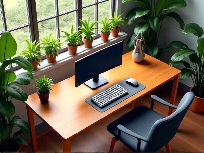 Top-down view of a modern home office with split keyboard, vertical mouse, and monitor arm, natural wood desk with green plants, morning light streaming through windows, isometric rendering with warm color palette and subtle shadows.