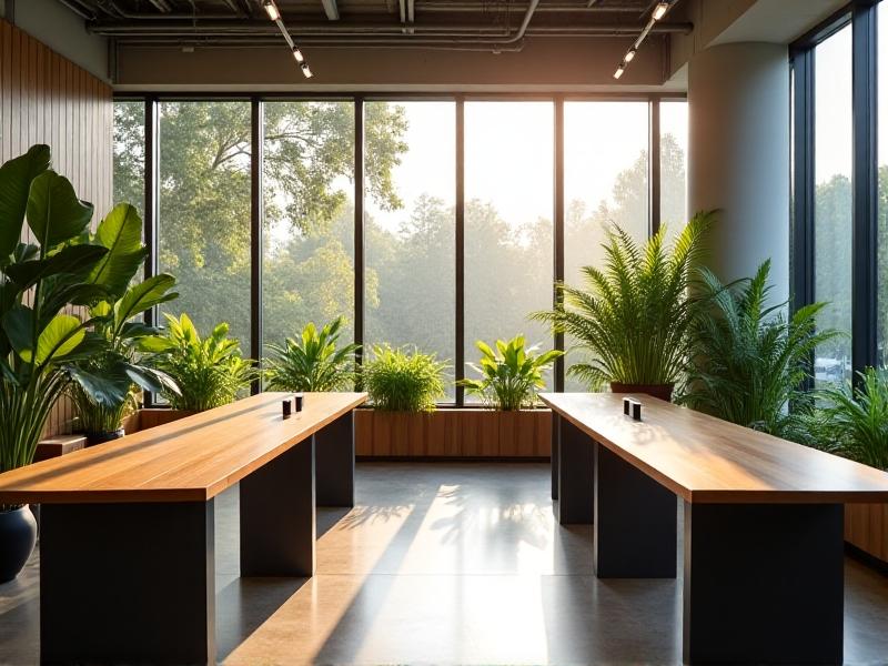 A contemporary office space with floor-to-ceiling windows allowing natural daylight to flood the room. Overhead tunable LED fixtures blend with wooden desks and green plants, creating a balanced environment that supports both productivity and circadian health during daytime hours.