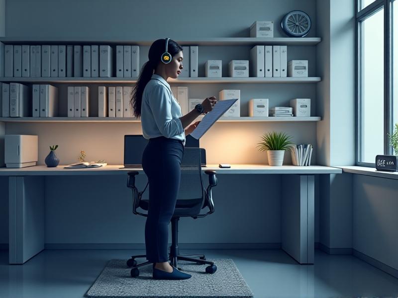 A person wearing headphones and standing on a textured anti-fatigue mat, gently swaying side to side while reviewing a document. The desk has a slight upward tilt, and a smartwatch on their wrist tracks heart rate. The background includes shelves with organizational bins and a clock showing mid-morning time.