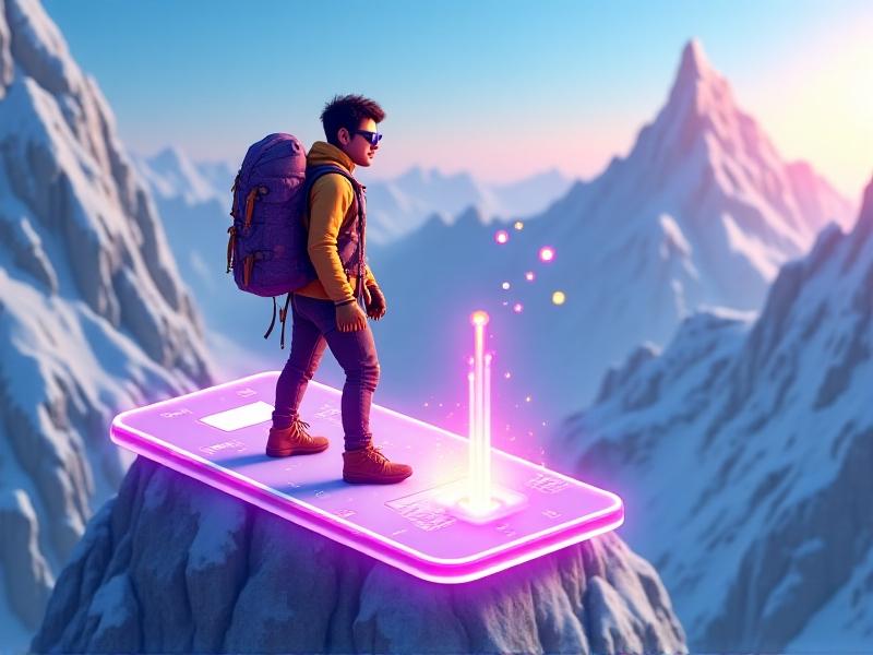 A vibrant isometric illustration showing a mobile app interface where users control an avatar climbing a mountain by completing real-world movement challenges. The palette uses energetic purples and yellows, with particle effects emphasizing achievement milestones.