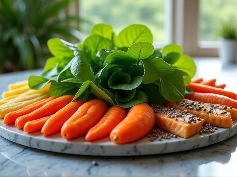 A close-up of a colorful array of foods rich in eye-protective nutrients: spinach leaves, bright orange carrots, golden chia seeds, and salmon fillets on a marble countertop. Soft daylight highlights textures, conveying freshness and nutritional value.