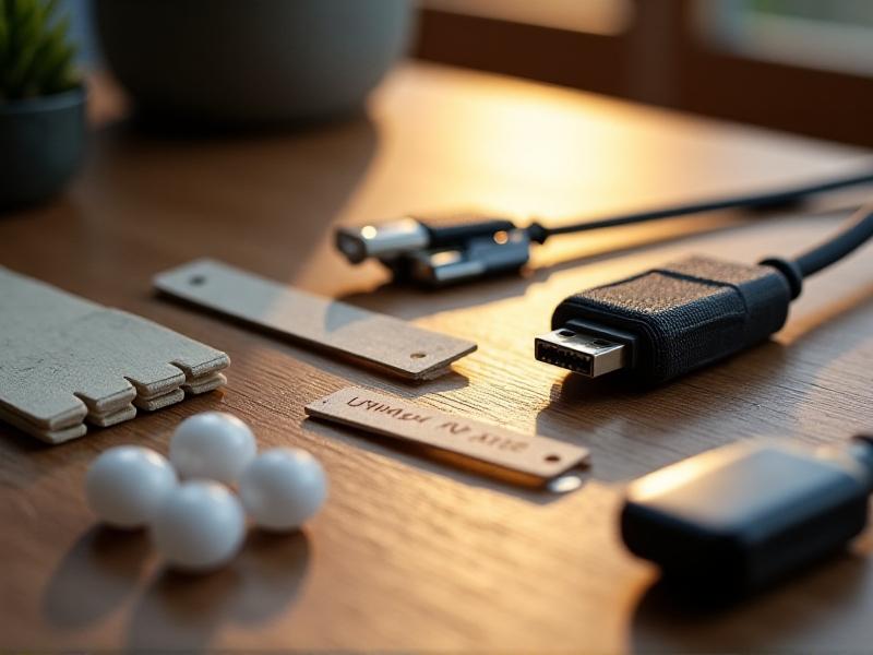 A close-up of cable management tools laid on a wooden table: velcro straps, white adhesive clips, a black retractable USB cable, and a coiled nylon sleeve. Soft daylight illuminates the textures, with a handwritten notepad listing 'Label Wires' and 'Route Behind Desk' in the background. The image illustrates practical tools for maintaining flexible, adaptable wire systems.