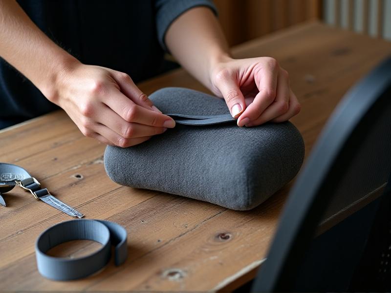 Step-by-step photo tutorial showing hands attaching a handmade memory foam lumbar roll to a black mesh office chair using elastic straps. Tools like scissors, measuring tape, and hook-and-loop fasteners lie on a rustic wooden table nearby.