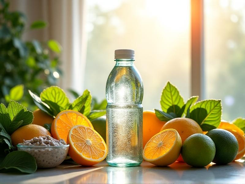 A vibrant still-life arrangement featuring a glass water bottle, sliced citrus fruits, leafy greens, and chia seed pudding. Morning light streams through a window, casting soft shadows. Each food is labeled with its hydration percentage. The composition radiates freshness, with dewdrops enhancing visual appeal.