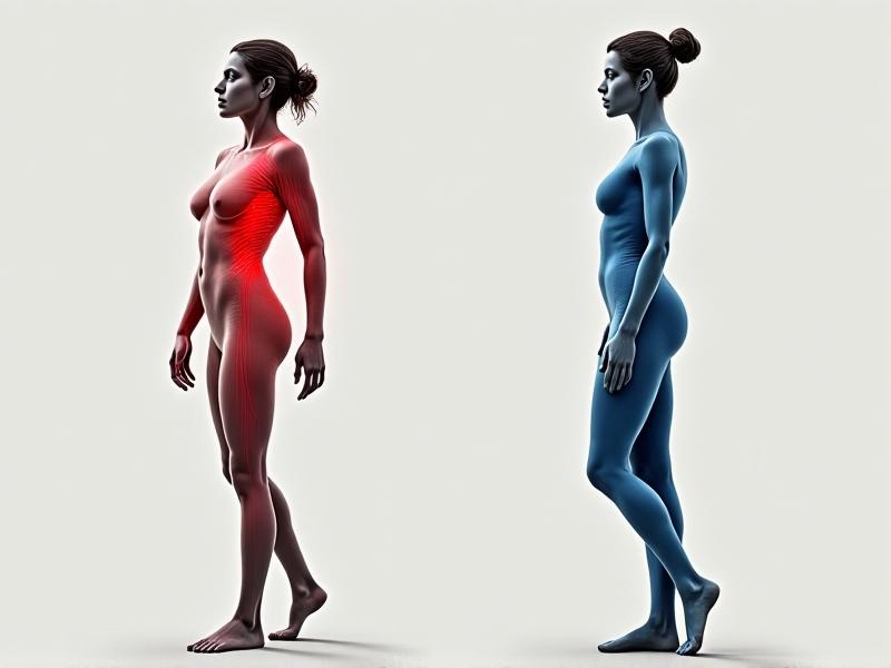 A side-by-side comparison illustration: left side shows a person with slouched posture and red highlighted areas indicating muscle strain; right side depicts aligned posture with blue tones showing balanced muscle activation. The background is a neutral gray, emphasizing anatomical clarity for educational purposes.