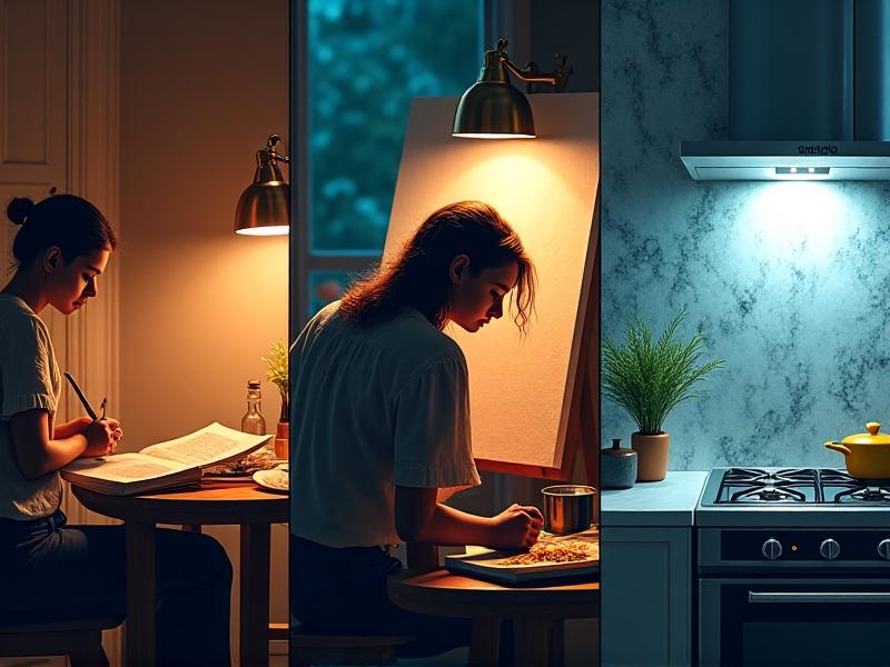 A collage of three scenes: a person reading under a brass adjustable lamp, a painter using a daylight-balanced ring light, and a kitchen with under-cabinet LED strips. Each scene uses vibrant colors and realistic textures, emphasizing the interaction between light and materials like paper, canvas, and marble countertops.