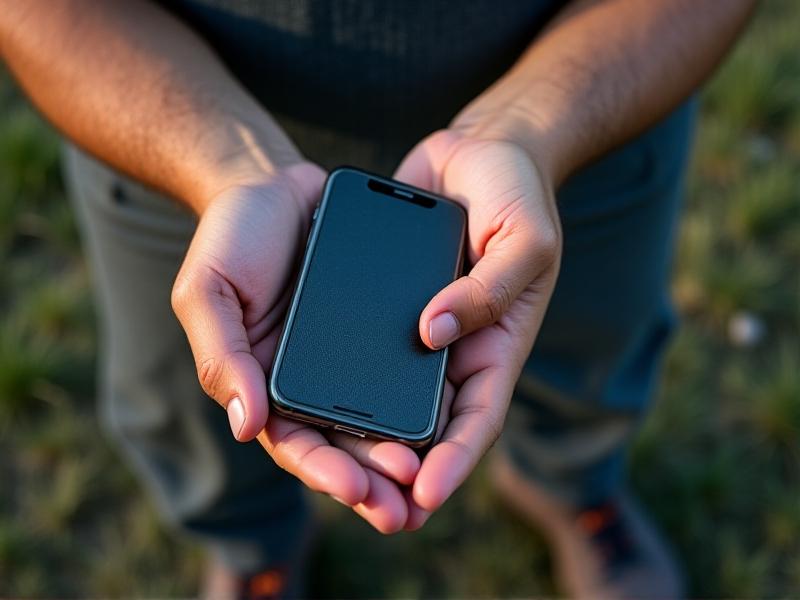 A close-up of hands holding a smartphone, notebook, and reusable water bottle, with walking shoes and a backpack visible in the blurred background. Soft natural lighting highlights practicality, organization, and readiness for an outdoor meeting.