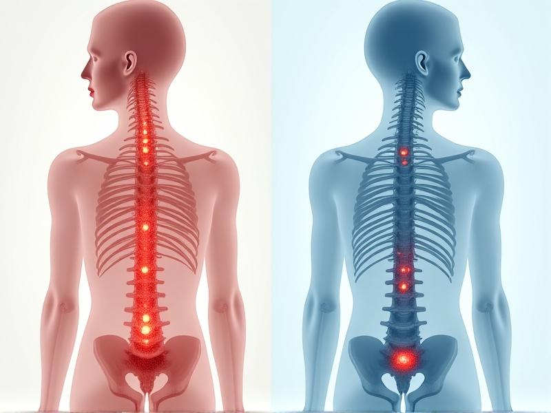 Split-view illustration comparing a healthy upright spine with proper alignment and a hunched spine showing vertebral compression and muscle strain, in a medical diagram style with labels. The left side depicts neutral posture with balanced curves; the right shows forward head posture, rounded shoulders, and compressed discs in a stark red-blue color scheme.