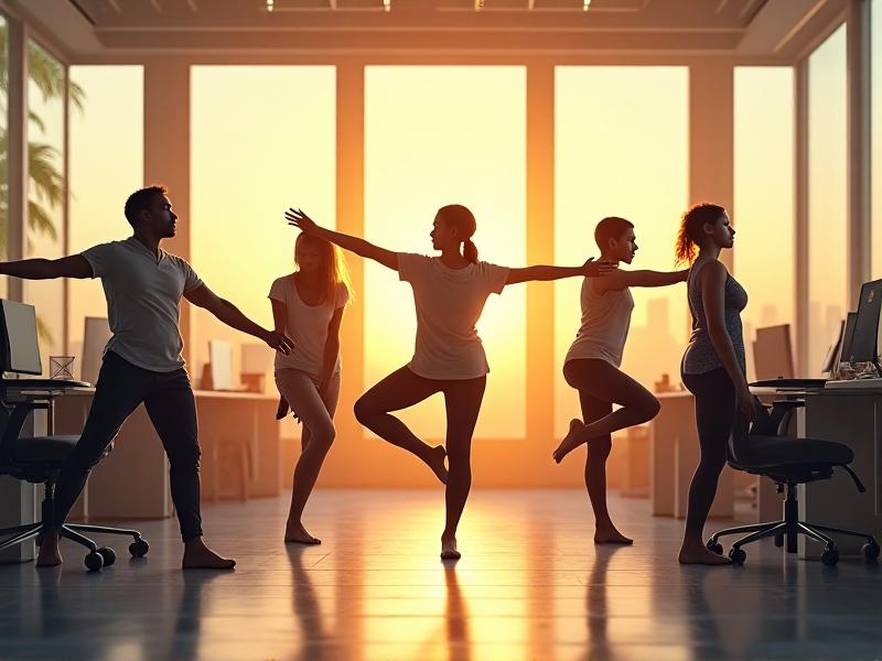 A composite image showing five diverse office workers performing different stretches in a modern workspace with floor-to-ceiling windows. Each stretch is captured mid-movement, with arrows indicating directionality. Warm morning light casts soft shadows on ergonomic chairs and wooden desks, emphasizing vitality and professionalism.
