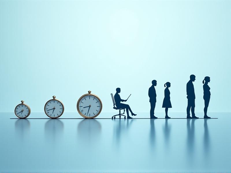 An infographic timeline showing alternating sitting and standing periods with icons of clocks and posture symbols. The background is soft blue with clean, modern design elements, emphasizing clarity and actionable advice.